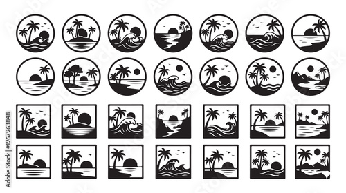 Beach Sunset Silhouette Icon Set,  Minimal Black Vector Logos with Palm Trees and Waves Adobe Illustrator Artwork