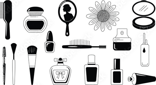 Collection of Hand Drawn Beauty Cosmetics and Makeup Accessories Icons Including Perfume Bottles Mirror Hairbrush and Skincare Products Vector Illustration