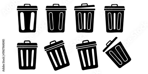 Several trash cans are scattered around on the ground outside.