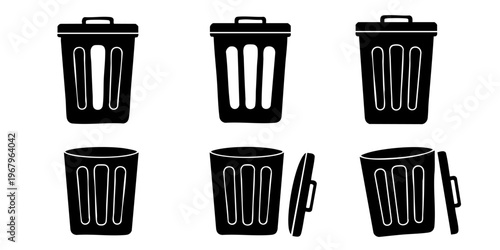 Six black trash cans with lids are shown in various positions.