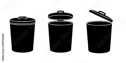 Three black trash cans in different states are shown side by side
