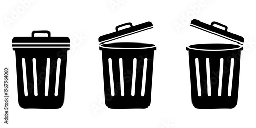 Three black trash cans with lids in different positions on white