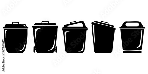 Five black trash cans with lids and handles are standing in a row.