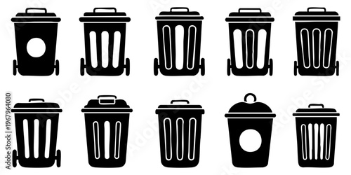 Eight black trash bins with different lids and openings are arranged.