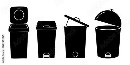 Four different trash cans are shown side by side on a surface