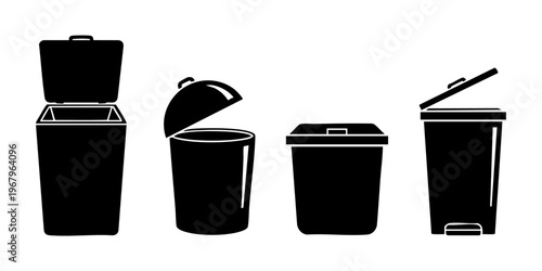 Four black trash cans with different lid styles on white background