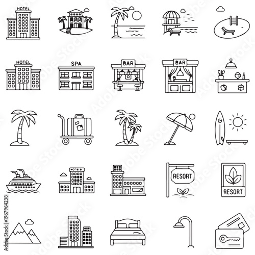 Comprehensive collection of hand-drawn travel and hospitality icons featuring hotel buildings, beach resorts, spa facilities, and vacation elements in a minimalist doodle style.