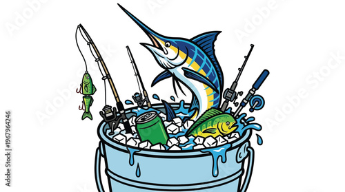 Sport Fishing Illustration with Marlin Mahi Mahi and Fishing Rods in Ice Bucket for Outdoor Adventure Graphic