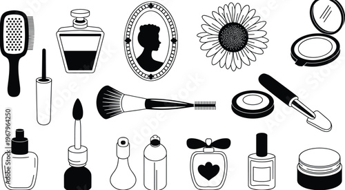 Collection of Vintage Style Beauty Cosmetics and Makeup Accessories Icons Including Perfume Bottles Hairbrush Mirror and Skincare Products Vector Illustration