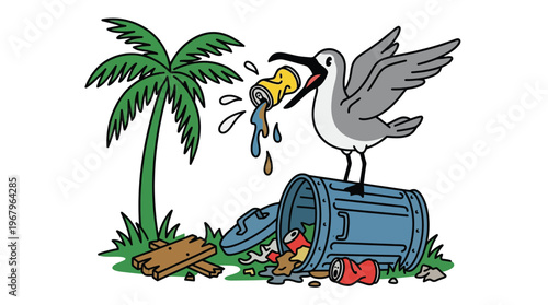 Seagull Scavenging Plastic Waste and Aluminum Cans from Overturned Trash Can Illustration for Environmental Awareness and Ecology Campaigns