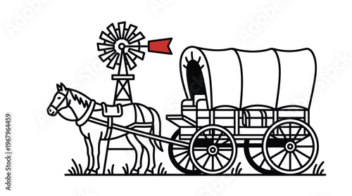Minimalist Vintage Style Illustration of a Horse Drawn Covered Wagon and Farm Windmill for American Frontier and Travel Branding