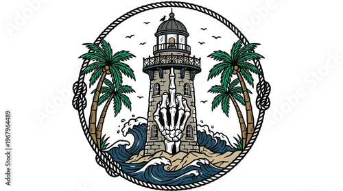 Edgy Nautical Lighthouse Illustration with Skeleton Middle Finger and Tropical Palm Trees for Streetwear and Surf Branding