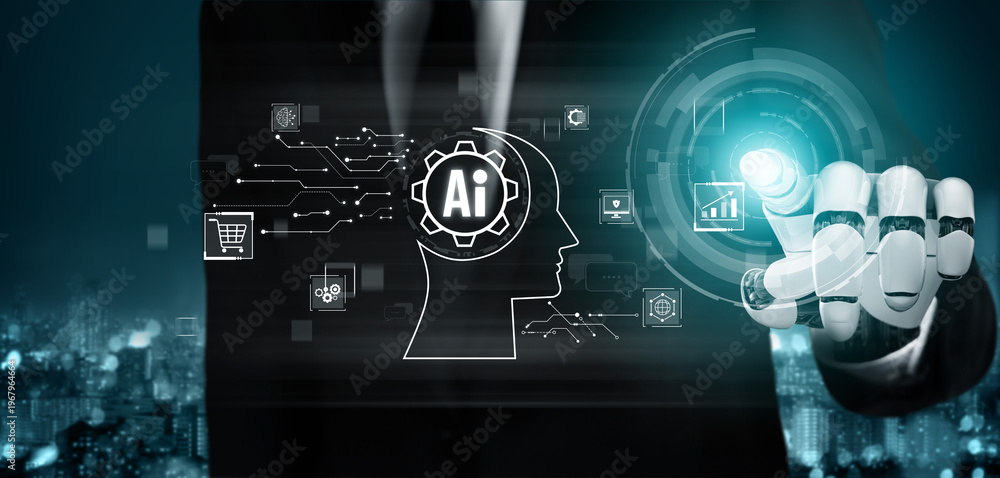 Obraz premium AI Assistant Brain Processor with LLM Technology, Big Data, Machine Learning, Generative AI for Business Support, Future Agentic AI Technology and Artificial Intelligence Prompt Engineering. Vouch