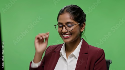 Smiling woman in business attire with glasses against green background