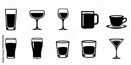 Various drinks illustrated in different glasses and cups on a table indoors.