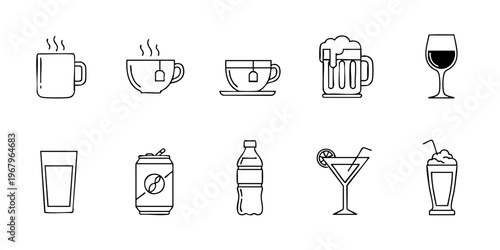 A collection of various drinks icons including coffee, beer, wine, and cocktails on a plain background.