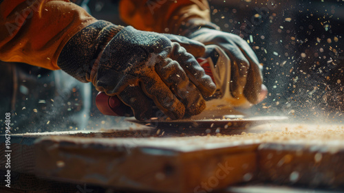 Worker hand in protective gloves holds sanding tool during process of manually sanding wooden surface. Against blurred background of wood chips, particles, shavings, and bokeh.