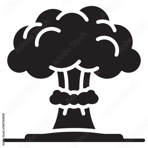 Minimalist Black Nuclear Mushroom Cloud Icon Representing Atomic Explosion and Detonation Symbolizing War Destruction and Catastrophic Environmental Impact on White Background