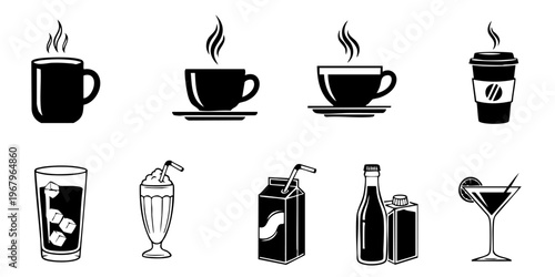A collection of various hot and cold beverages icons are shown.