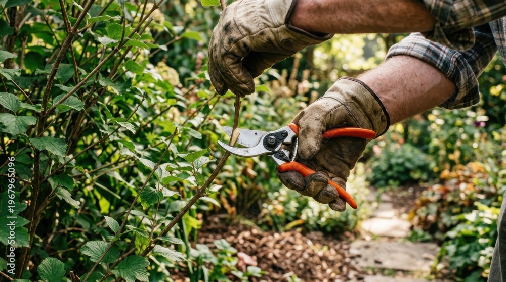 Obraz premium Gardener's gloved hands expertly pruning lush green bush with sharp shears in vibrant garden setting