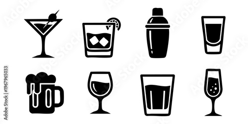A collection of eight different cocktail glasses and shaker icons.