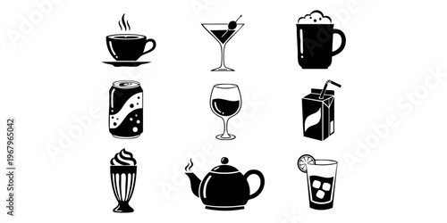 A collection of various drink icons including coffee, tea, and cocktails on a table.