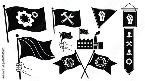 Workforce and industrial union protest vector icons featuring workers and flags.