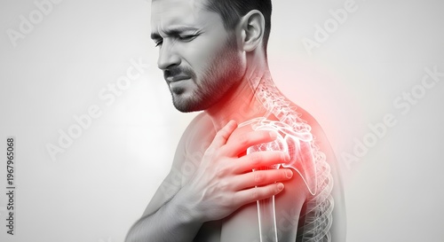Man suffering from acute shoulder pain and neck stiffness. Healthcare and stress management concept. Man holding his painful shoulder with a visible skeletal overlay of the injured joint