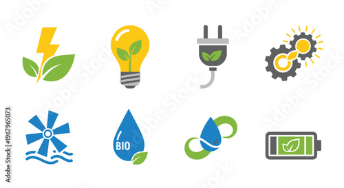Set of eco friendly energy and environmental icons for sustainable industry designs.