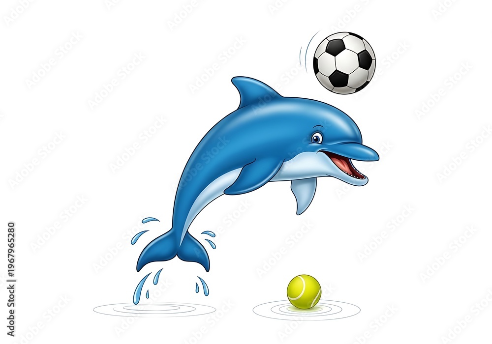 Fototapeta premium A dolphin jumping out of the water to hit a soccer ball