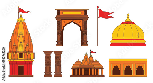 Hindu temple architectural elements vector set with orange and yellow colors.