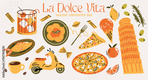 Italian city aesthetic vector sticker elements set with illustration of landmarks, italian food, pizza, pasta, ice cream, coffee, retro scooter in cartoon groovy funky style for travel blog