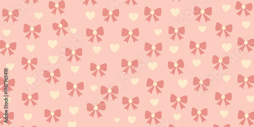 A festive scene with bows and hearts on a pink background indoors.