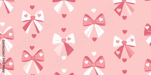 The illustration showcases various pink and white bows with hearts on a pink background.
