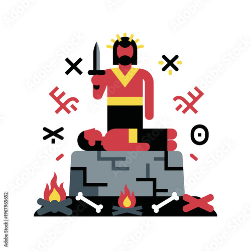 A stylized illustration of a king or priest performing a ritual sacrifice on an altar with symbolic elements.