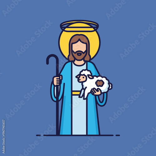 Stylized illustration of Jesus Christ as the Good Shepherd holding a lamb and a crook with a halo.