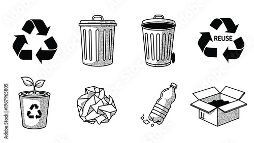 Set of black and white hand-drawn icons and illustrations for recycling and waste management.