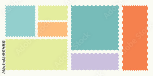 Modern Scalloped Wavy Frame Bento Grid Vector Set with Retro Zigzag Edges, Colorful Geometric Photo Collage Layout and Abstract Sticker Style Shapes