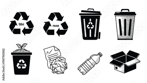Collection of black and white graphic symbols and illustrations related to recycling and waste disposal.