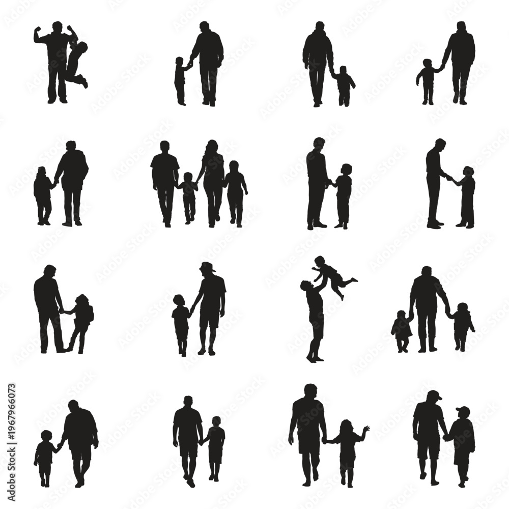 Fototapeta premium Family Silhouettes Parents and Children in Various Poses