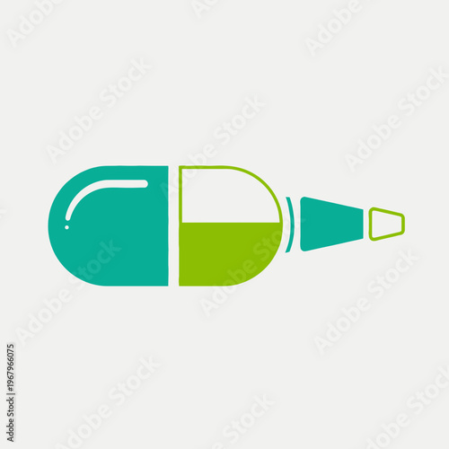 A stylized graphic of a horizontal bottle or capsule-like dispenser with teal and lime green sections and a nozzle.