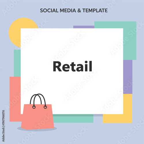 A modern, minimalist illustration of a coral shopping bag on a light blue background, evoking a sense of simple elegance and retail therapy.