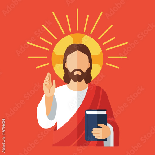 Flat design illustration of Jesus Christ with a halo, holding a Bible and raising his hand in blessing, on a red background.