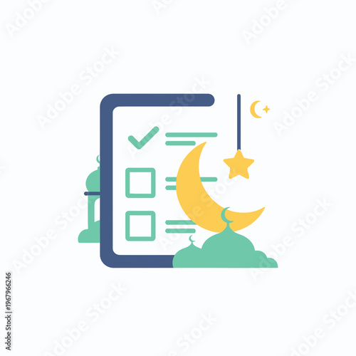 Islamic religious observance checklist with crescent moon, star, and mosque domes, symbolizing Ramadan planning and spiritual tasks.