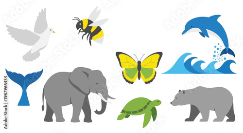 Collection of wild animals and nature elements in flat vector style for educational use.