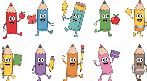 Cute cartoon pencil characters set colorful school supplies mascots with faces holding books apples stars vector illustration collection