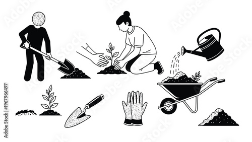 Gardening and planting icons with people working outdoors in monochrome silhouette style.