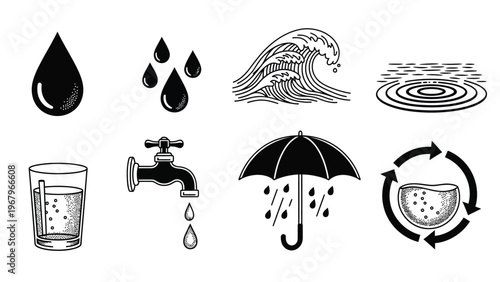 Water related icons including drops waves tap umbrella and water cycle.