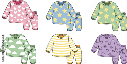 Cute kids pajama set collection colorful cartoon sleepwear outfits with patterns stars clouds hearts cats stripes vector illustration bundle