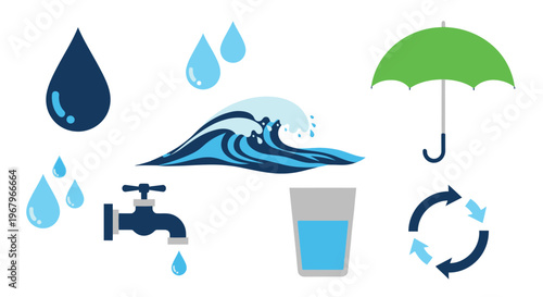 Water drop set with aqua wave rain tap glass and recycling symbol for nature and environment concepts.